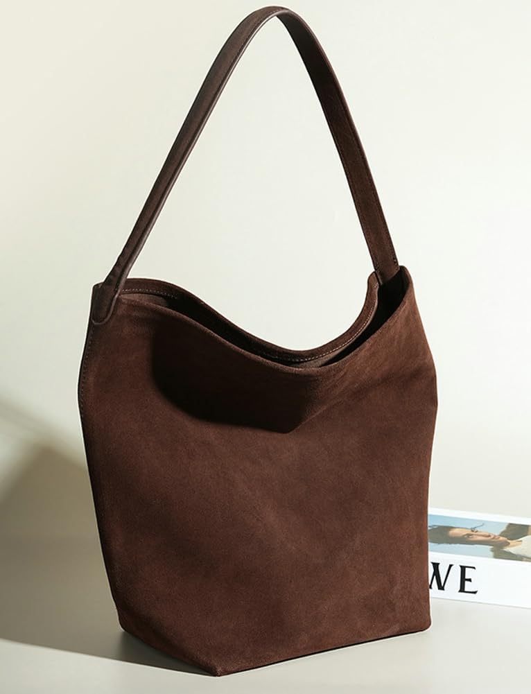 Genuine Leather Bucket Shoulder Bags for Women Ladies Large Tote Purse Handbags Soft Suede Working Satchel