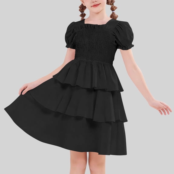 HOMADLES Girls Clothing Dresses Size 3-15, Girls Party Dresses Little Girls Dresses Crew Neck Summer Ruffle Dress Black 5-6 T