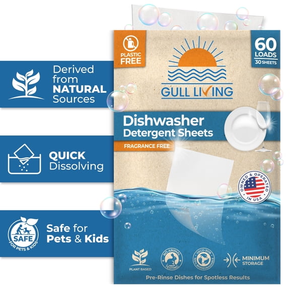 Gull living Eco-Friendly Dishwasher Detergent Sheets - Natural Dishwashing Detergent - Plant Based Dishwasher Soap Sheets - Unscented & Plastic Free Travel Size 60 Loads with Sustainable Packaging