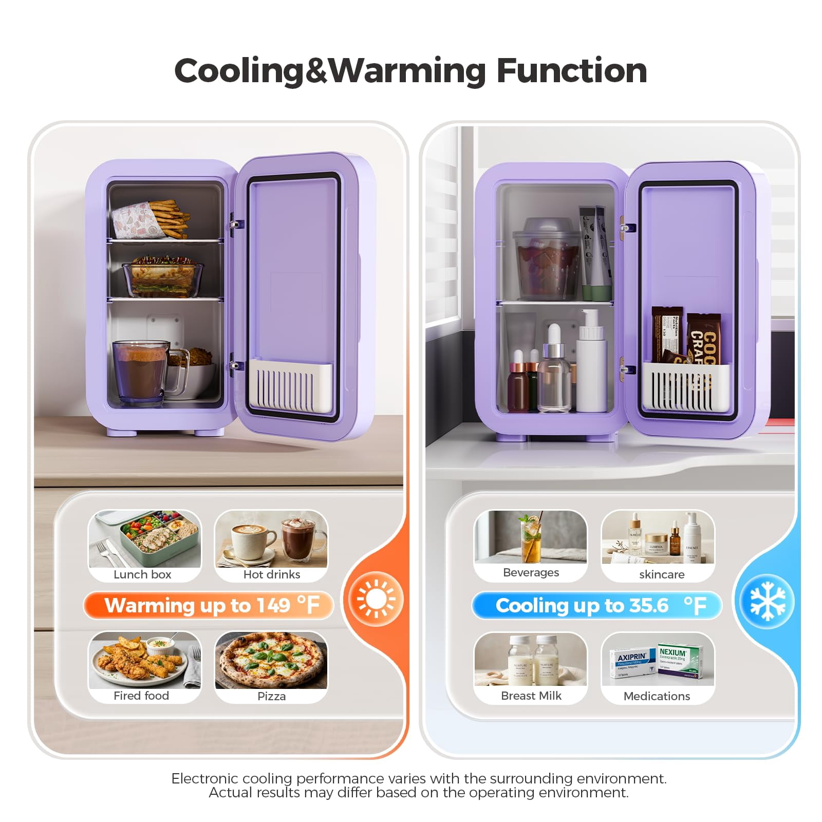 Mini Fridge, 6 Liter/8 Can 110V AC/DC Portable Thermoelectric Cooler Refrigerators for Bedroom, Skincare, Beverage, Office, Dorm Room and Car, Purple
