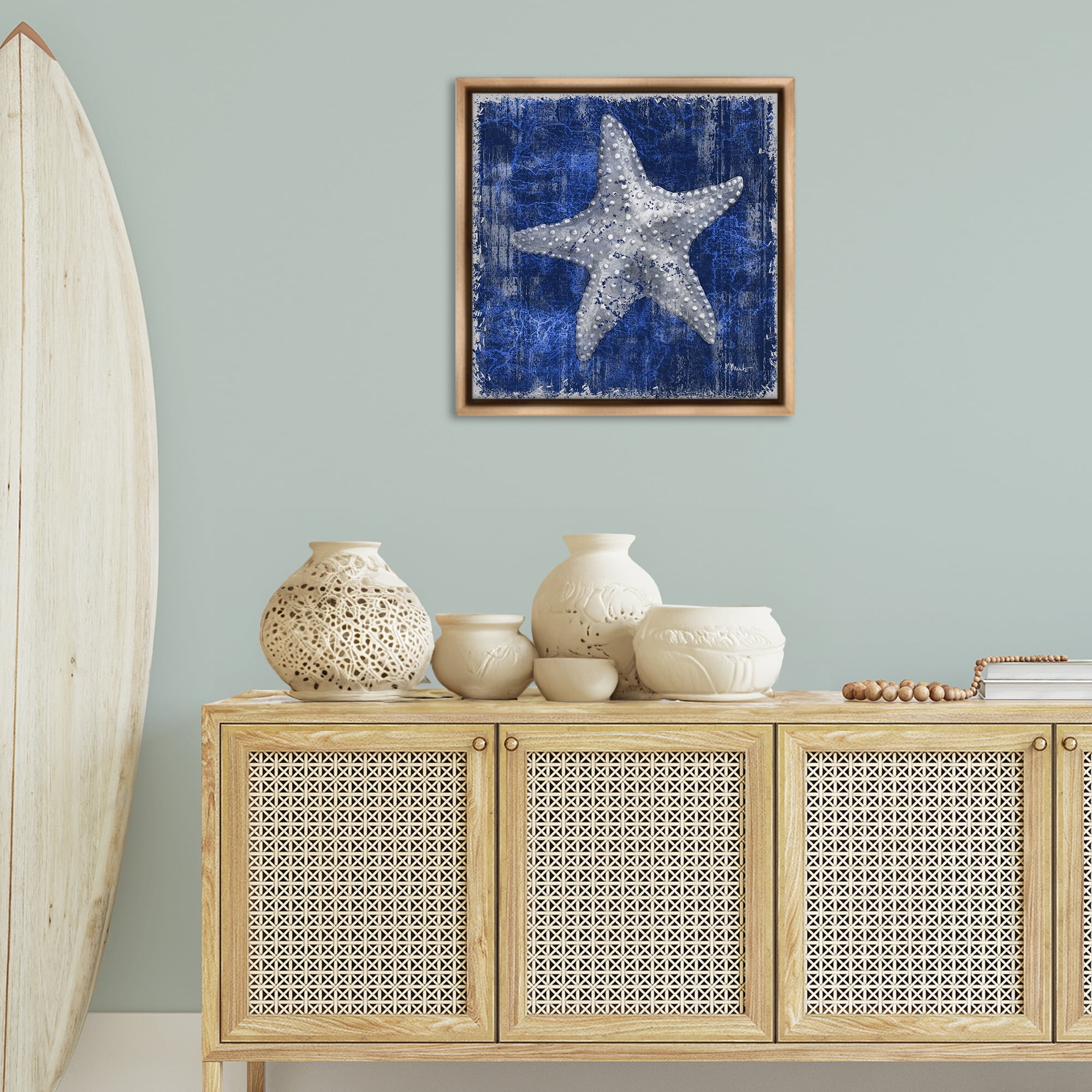 Stupell Industries Rustic Indigo Starfish Nautical & Beach Painting Brown Floater Framed Canvas Art Print Wall Art, 25 x 25