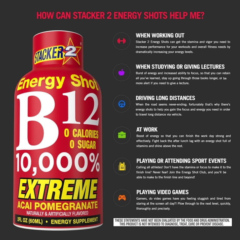 Stacker 2 Extreme B12 10,000% Energy Shot Acai Pomegranate, 2 fl oz, 2 count - Walmart.com Stacker 2 Extreme B12 10,000% Energy Shot Acai Pomegranate, 2 fl oz, 2 count - Walmart.com