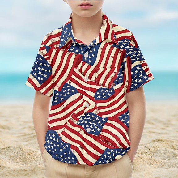 MKOSPLRT Independence Day Kids Tops Short Sleeve Button Down Shirts Lapel Collar American Flag Shirts Lightweight Holiday Tees 2-15Y