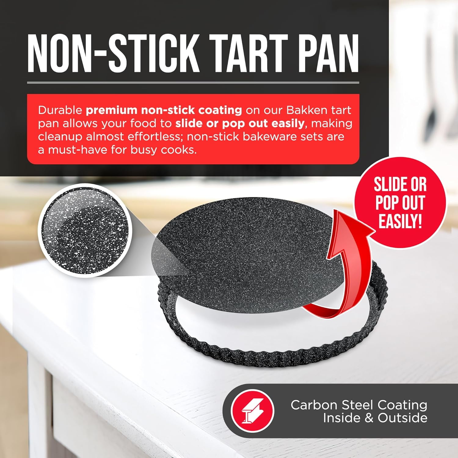 Bakken- Swiss Tart Pan – Quick Release Removable Base, Non-Stick Fluted Edge, Durable Steel - Create Perfect Pies, Fruit Tarts, and Quiches with Ease
