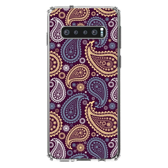DistinctInk Clear Shockproof Hybrid Case for Samsung Galaxy S10 (6.1" Screen) - TPU Bumper, Acrylic Back, Tempered Glass Screen Protector - Purple Yellow Blue Paisley