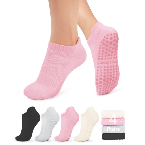 4 Pairs Pilates Socks for Women Non Slip Grip Socks for Yoga, Barre, Hospital, Barefoot Grippy Yoga Sock Womens Gifts