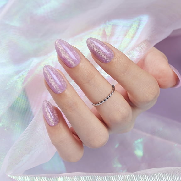VSALON Press on Nails Short Almond - Purple Cat Eye Glitter Nails Kit for Women, Reusable Opaque Soft Gel Fake Nails with Glue & Cuticle Oil - 32 PCS Stick On Nails in 16 Sizes (Iris)