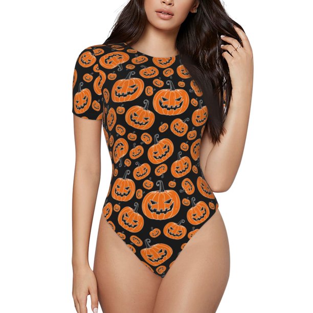 Balery Halloween Pumpkins Body de cuello redondo de manga corta para mujer Tops de manga corta Tops básicos-XX-Large