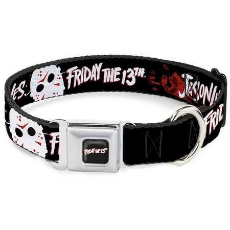 Warner Bros. Horror Movies Pet Collar, Dog Collar Metal Seatbelt Buckle, Friday the 13th Jason Lives Hand Print and Mask Black Red, 9.5 to 13 Inches 1.0 Inch Wide