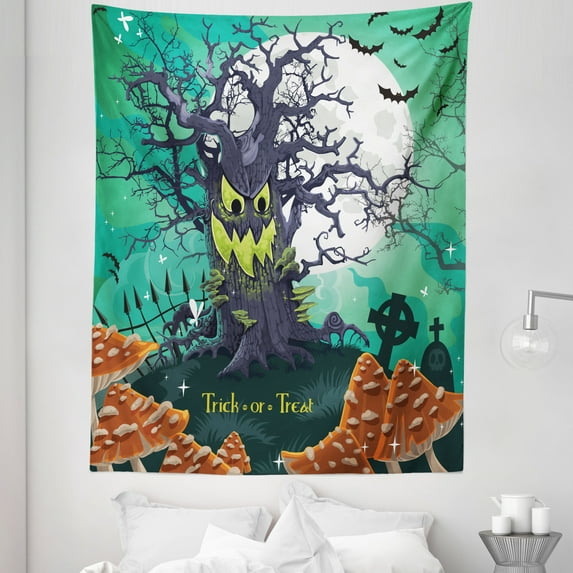 Halloween Tapestry, Trick or Treat Dead Forest with Spooky Tree Graves Big Cartoon Art Print, Fabric Wall Hanging Decor for Bedroom Living Room Dorm, 5 Sizes, Multicolor, by Ambesonne