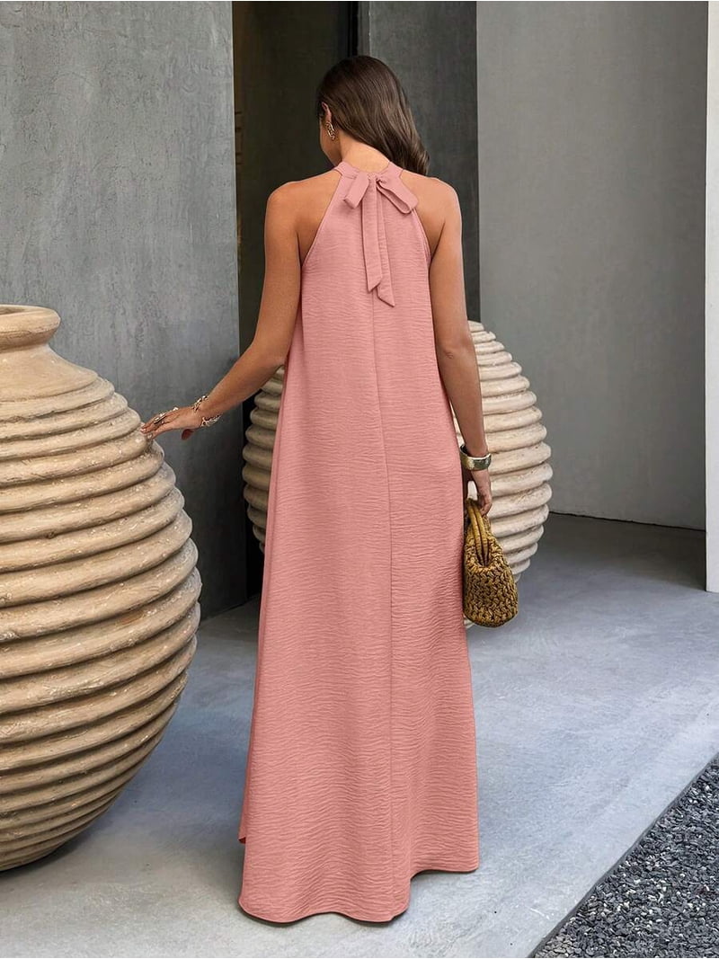Pink Sleeveless Linen Halter A-Line Maxi Dress, Casual Vacation Elegant Plus Size, Women's, Size: 2XL