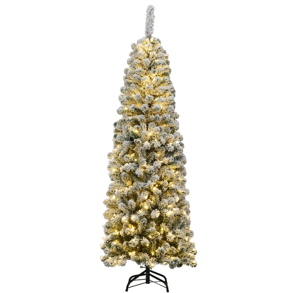 Costway 6Ft Pre-lit Snow Flocked Artificial Pencil Christmas Pine Tree with 250 LED Lights