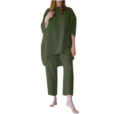 

Womens Casual Cotton Linen 2 Piece Outfits Half Sleeves Oversized Tops Tapered Cropped Pants Capris Pajamas Suit Sets
