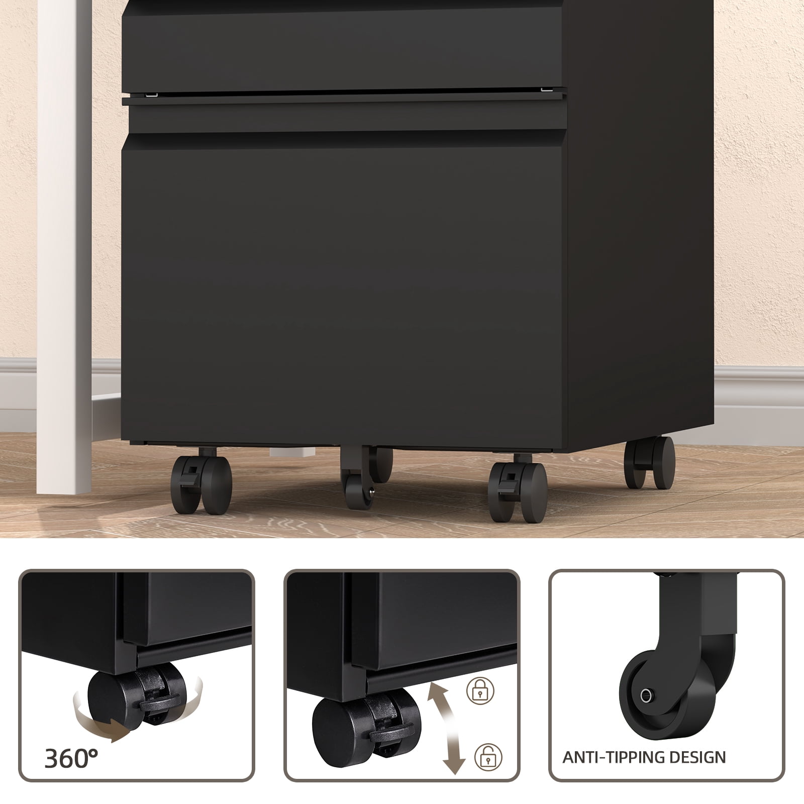 Marcree 3 Drawer File Cabinet with Lock, Black Mobile File Cabinets for Home Office,Under Desk Small Filing Cabinet, Rolling File Cabinets for A4/Letter/Legal, Fully assembled