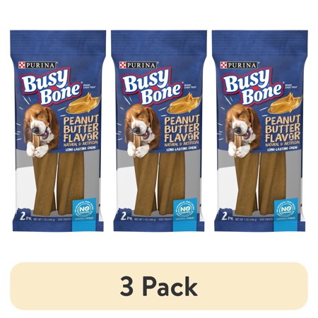 (3 pack) Purina Busy Bone Small & Medium Dog Treats with Natural Peanut Butter Chews 7 oz Pouch (2 Count)
