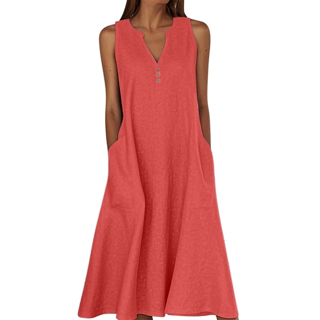 Ohufall Robe Femme en Coton et Lin à Col en V Sans Manches Décontractée Robe Débardeur Unie Confortable avec Poches Robe Midi d'Été Chic