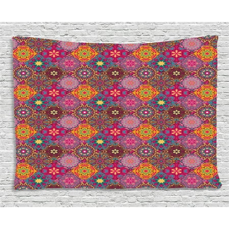 Quilt Wall Hanging - Moroccan Tapestry, Vibrant Artistic Mandala Motifs in Squares Eastern Henna Folk Patchwork Style, Wall Hanging for Bedroom Living Room Dorm Decor, 80W X 60L Inches, Multicolor, by Ambesonne