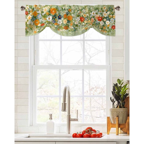 Tie Up Valance Curtain for Kitchen,Spring Flower Oil Painting Art Rod Pocket Short Curtains Adjustable Tie-Up Shade Valances,Retro Colorful Floral Leaves Window Treatment for Bathroom Living Room
