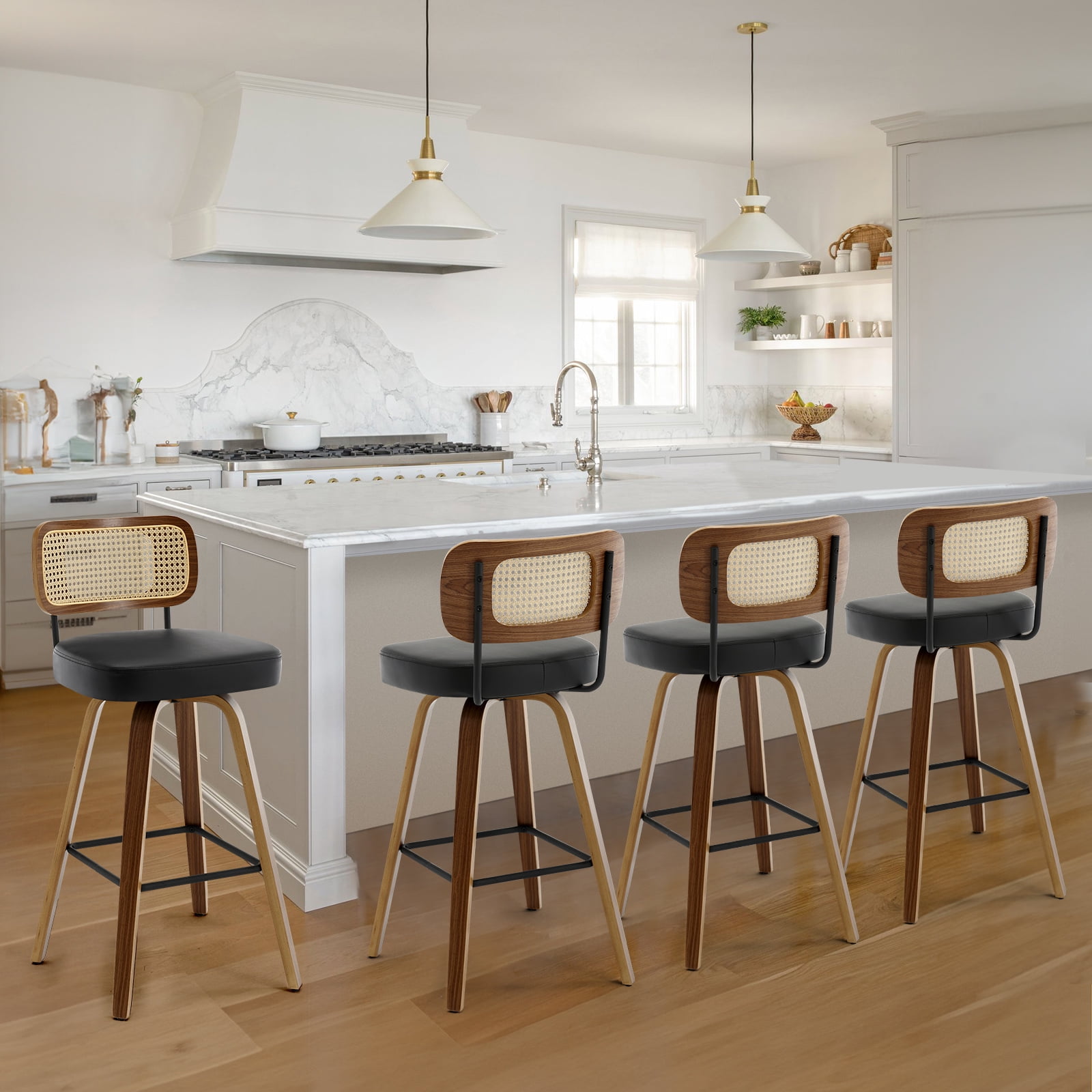 Foreate Swivel PU Bar Stools, Set of 1, 29" Bar Height Upholstered Leather with Rattan Back Wood Legs, Modern Chair Island Counter Stool for Kitchen, Black