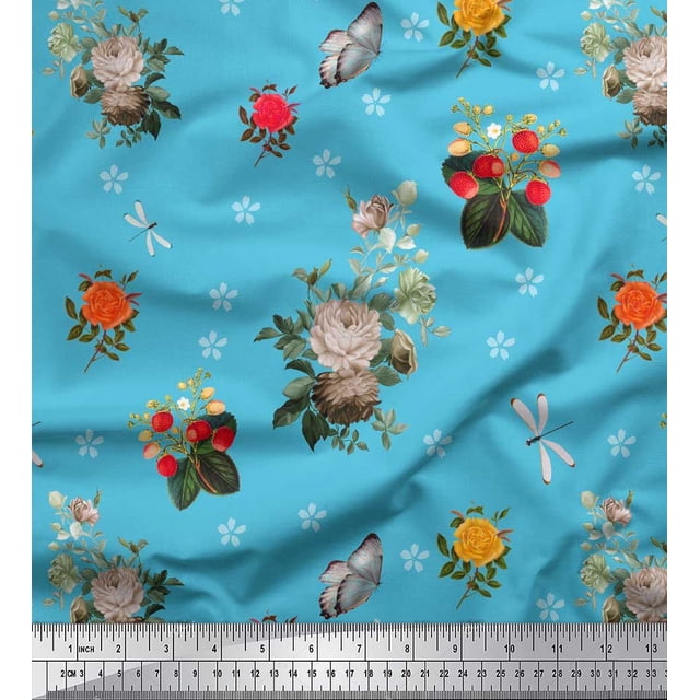 Soimoi Georgette Viscose Fabric,Strawberry & Peony Floral Printed Craft Fabric by The Yard 42 Inch Wide
