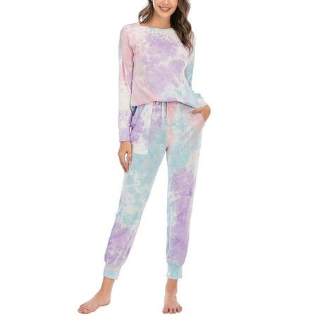 

UKAP Ladies Autumn Comfy Nightwear Womens Casual Baggy Tops Long Sleeve Crew Neck T Shirt And Cotton Pants Trousers Pockets Homewear Girls Jogger Lounge Tie Dye Pajamas Set