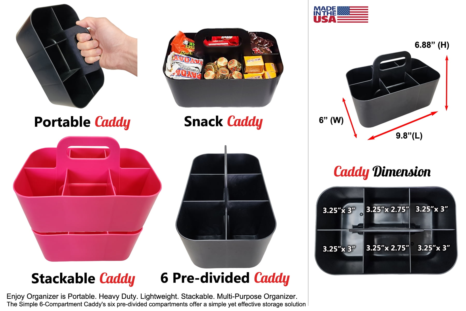 Enjoy Organizer - Small Stackable Plastic Caddy with Handle 6 Compartment | Desk, Makeup, Dorm Caddy, Classroom Art Organizers - 4 Pack, Made In USA (Hot Pink)