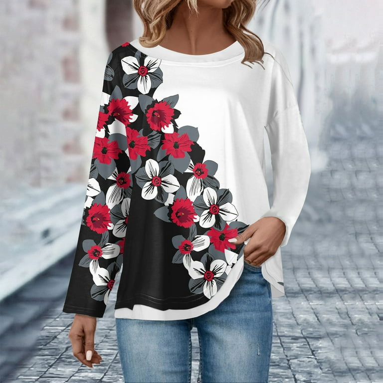 Dorkasm Tunics Or Tops To Wear with Leggings Patchwork Floral Fall Tshirts  Shirts for Women Clearance Long Sleeve Petite Tops Petite Dressy Casual