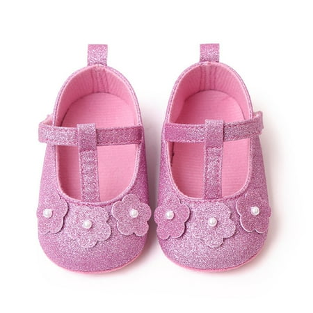 

Sprifallbaby Baby Girls Flower Pearls Flat Shoes Soft Sole Shiny Non-slip Indoor Outdoor Toddler Shoes 3-11M