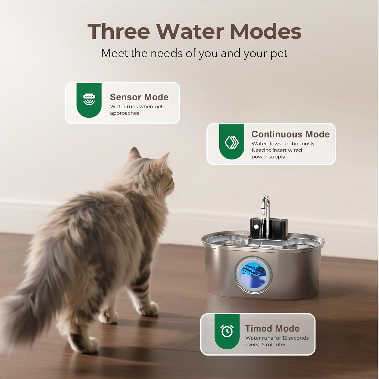 Stainless Steel Cordless Battery Operated Pet Water Fountain, 108oz/3.2L Quiet Pump, BPA-Free with 3 Filters, Easy to Clean for Indoor Cats