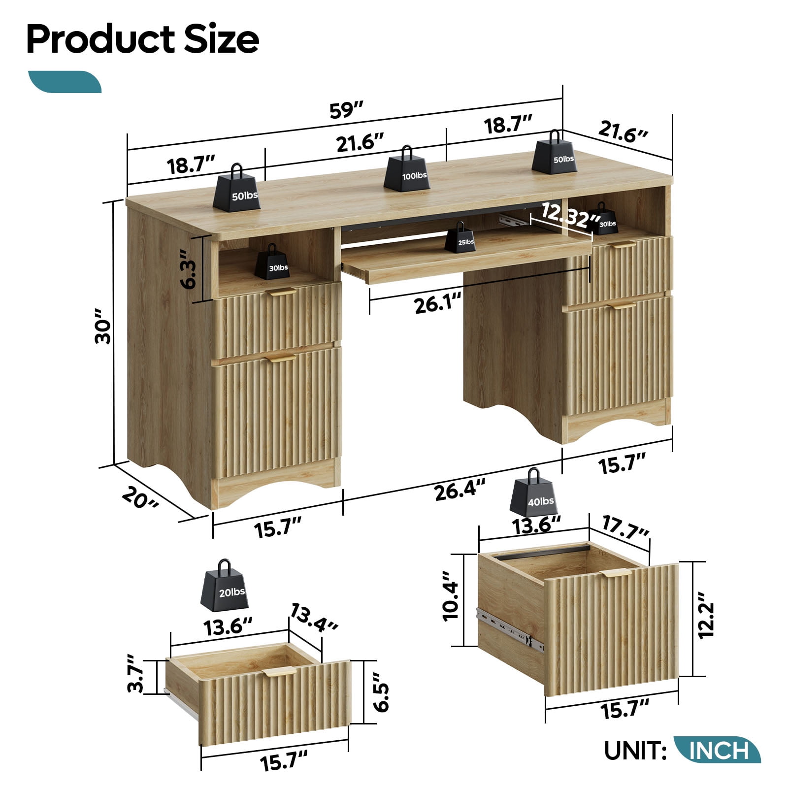 Bestier 59" Home Office Computer Desk with Keyboard Tray and Storage Drawers, Modern Executive Desk for Writing Reading, Oak
