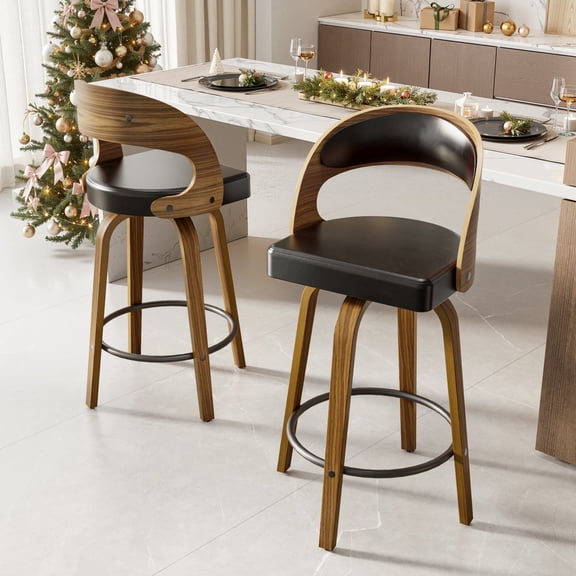 SUNCOZE Bar Stools Set of 2, 26 Inch Counter Height Modern Swivel Bar Chairs with PU Leather Upholstery and Solid Wood Legs, for Kitchen Island or Home Bar, Black