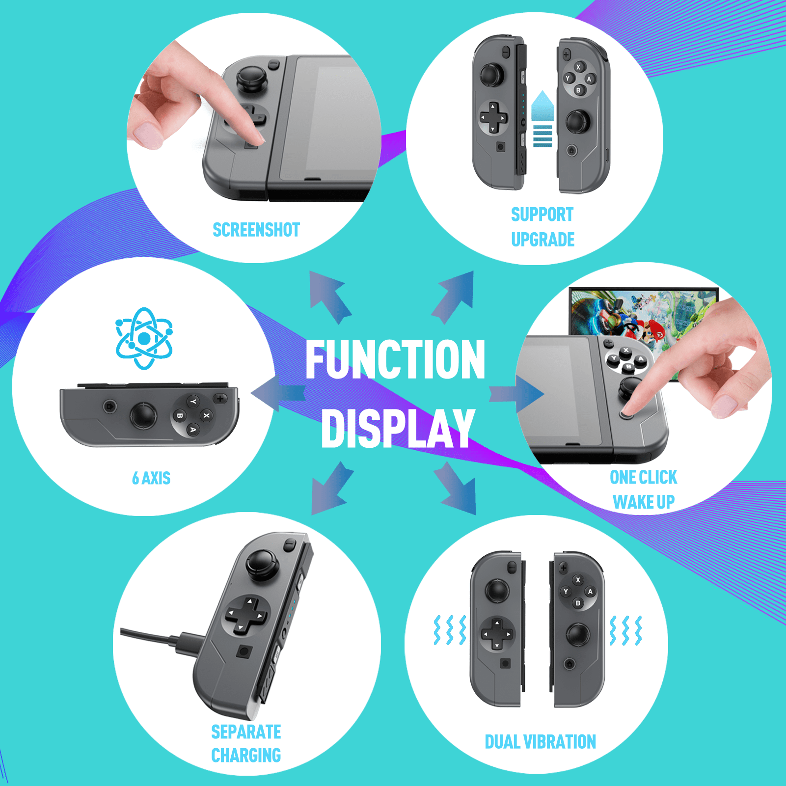 NYXI Joypad Controller, Pair of Switch Controllers, LED Lights Joy Con  Wireless Controller with Wake Up Function/Programmable Button/Bluetooth/  6-Axis/Turbo/Vibration for Switch/Lite/OLED : : Video Games