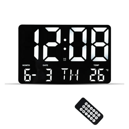 Alarms Clock w/Remote Control,Non-Abbreviated Day Date Clock for Vision Impaired Elderly - White light with black frame