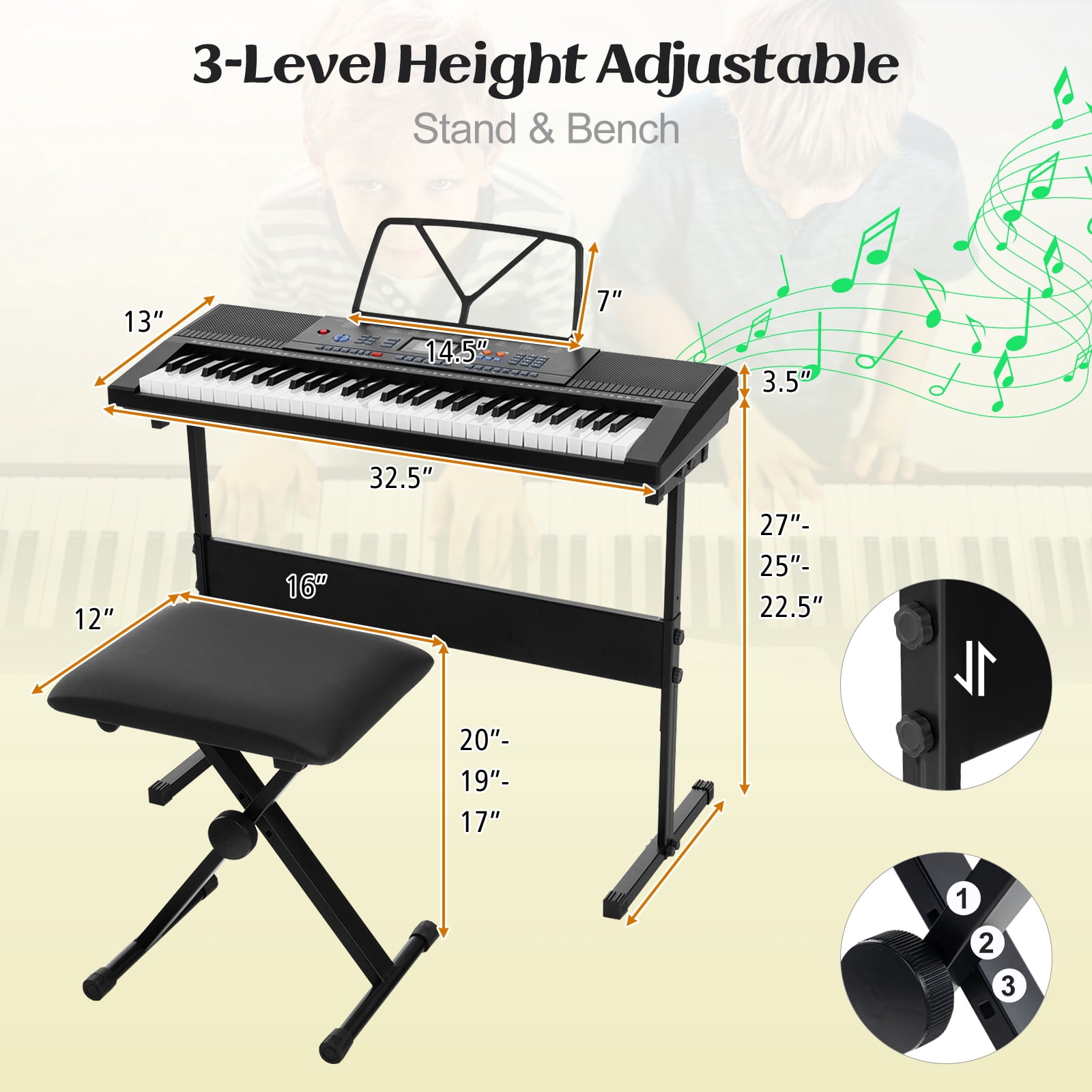 Costway 61 Keys Portable Electronic Keyboard Piano Set with Folding Bench 300 Timbres 300 Rhythms
