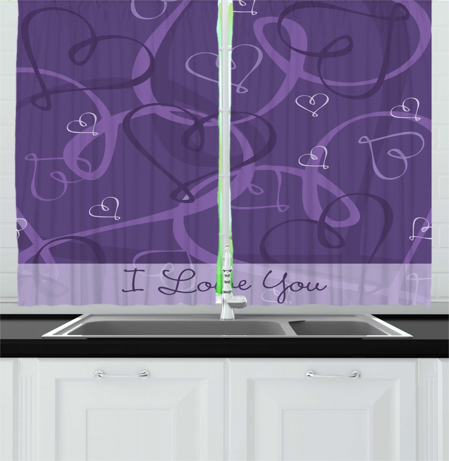 Indigo Curtains 2 Panels Set, Lavender Colored Romantic Themed Image with Hand Drawn Hearts Image, Window Drapes for Living Room Bedroom, 55W X 39L Inches, Eggplant Purple and Lilac, by Ambesonne