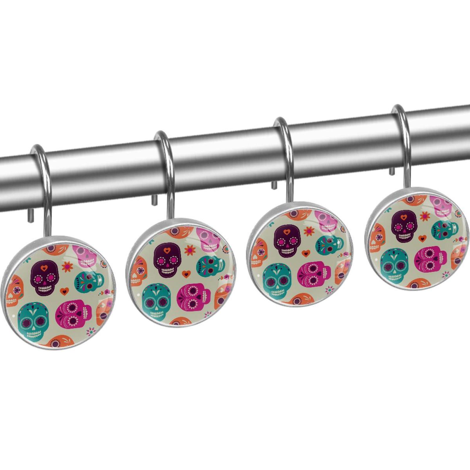 Skull Shower Curtain Hooks（Set of 12）for Home Hotel Shower Rods Bathroom Crystal Glass Print Stainless Steel Round Curtain Hooks