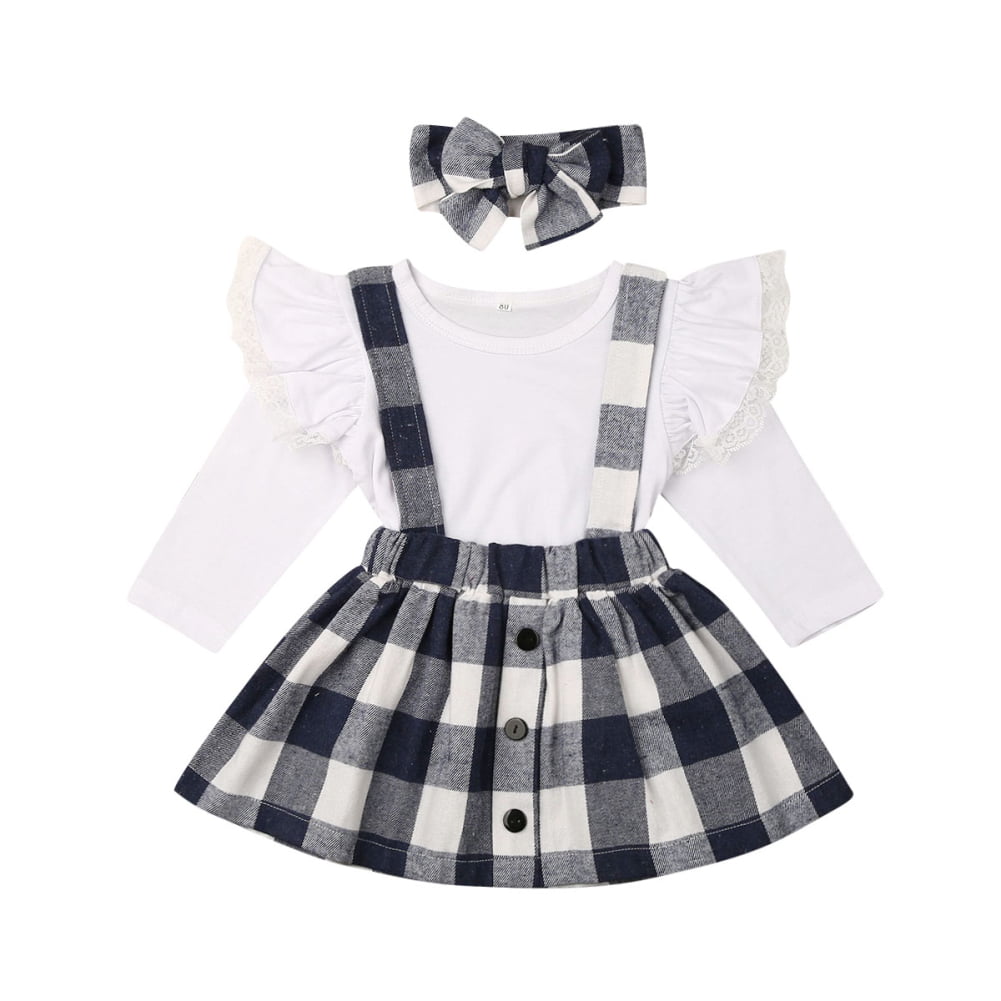 Christmas Plaid Toddler Kids Baby Girl Outfit Clothes T Shirt Top Dress+Belt Set