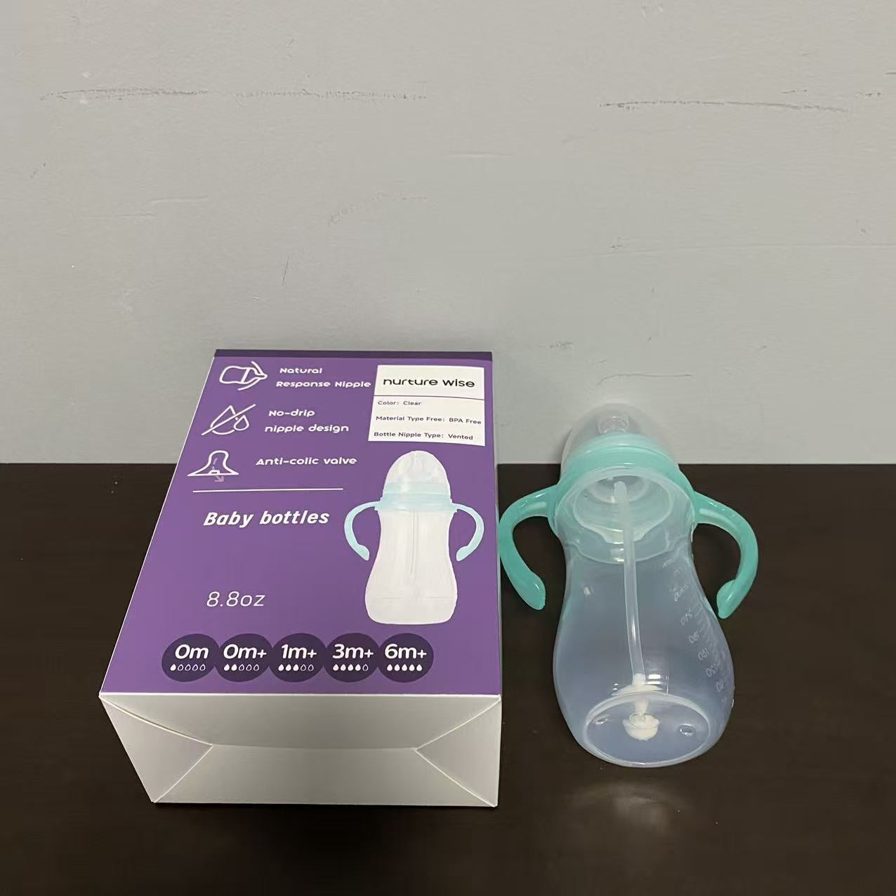 nurture wise Baby bottles,Bottle with Natural Response Nipple, Wide Neck  Bottles with Handle, Newborn Anti-Colic Baby Bottles Gift Set, Clear (8.8oz)