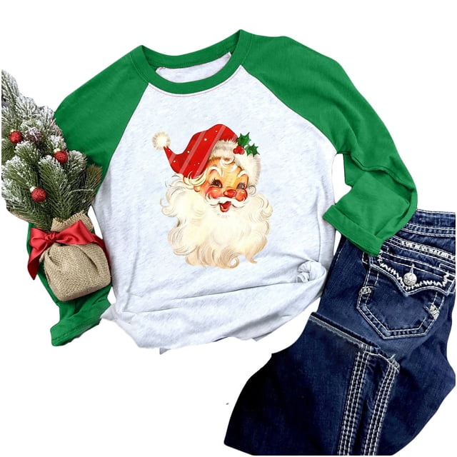 Camiseta de Navidad para mujer, temporada festiva, regalo para amantes, camiseta de manga larga, camiseta con costuras a juego de colores para mujer Pompotops gfhjh4404