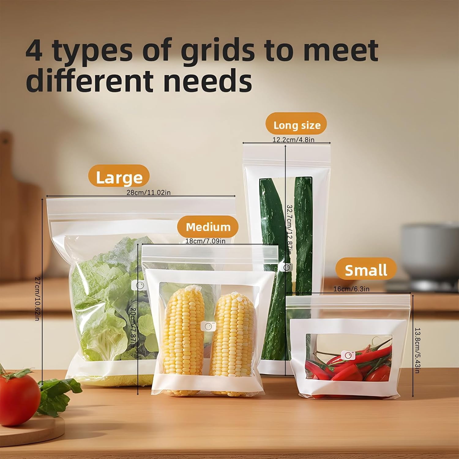 Food Grade Fresh-Keeping Bags, Reusable Plastic Produce with Dual Interlocking Seal, Clear Long Sealed Bags for Vegetables Fruits Refrigerator Freezer Kitchen Organization.