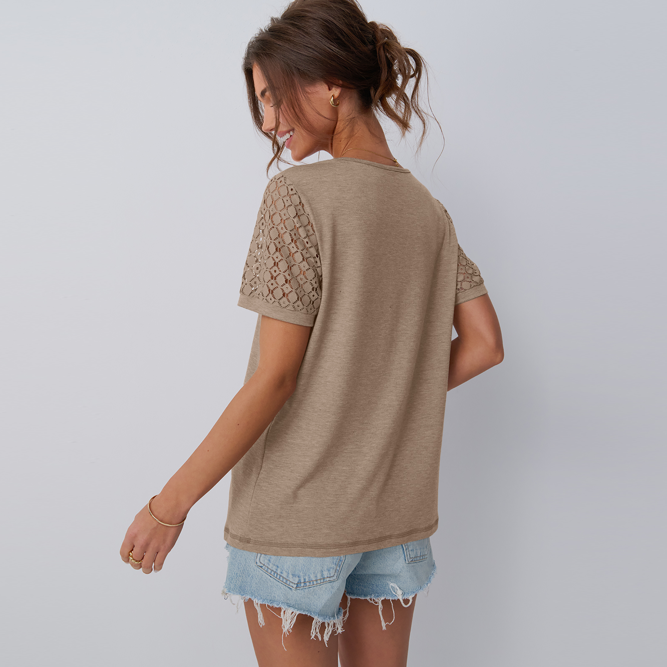 SUNBS Women's Lace Crew Neck Short Sleeve Top, Beige photo 4