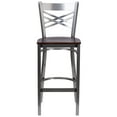 thumbnail image 4 of BizChair 2 Pk. Silver Antique Finish with Clear Coat ''X'' Back Metal Restaurant Barstool - Walnut Wood Seat, 4 of 8
