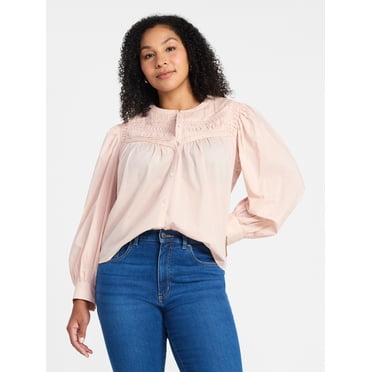 Time and Tru Women's Textured Yoke Cotton Blouse with Long Puff Sleeves, Sizes XS-XXXL