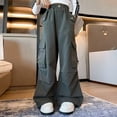 thumbnail image 4 of CYRBOKO Girls Cargo Pants Size 14-16 with Pockets, Loose Fit Casual Elastic Waist Outdoor Wide Leg Pants Green, 4 of 5