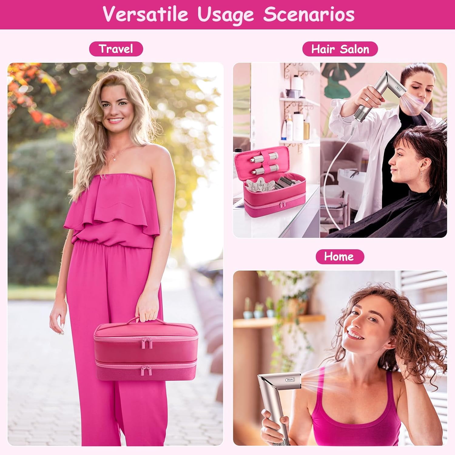 Travel Carrying Case for Hair Dryer for Shark Flexstyle Double-Layer Hair Accessories Tools Storage Bag for Revlon Hairdryer Styler Organizer (PINK)