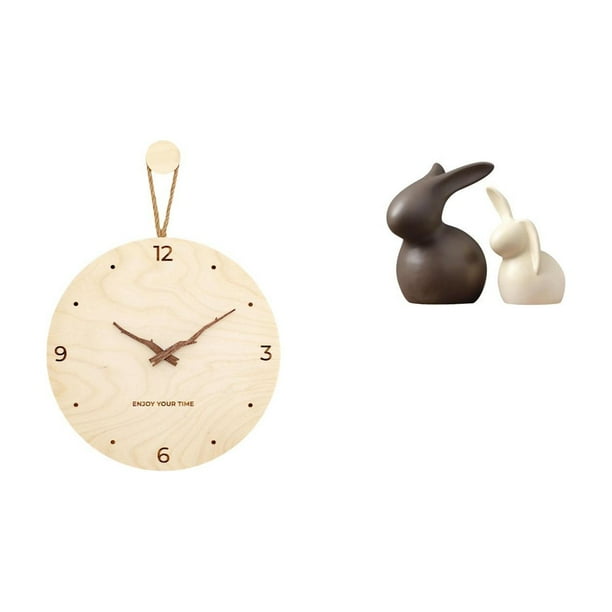 Reloj de pared,Reloj de pared decorativo para sala de estar,silencioso,Reloj de pared de madera con decoración moderna,Estatua de cerámica,Juego de estatuas de cerámica para decoración de