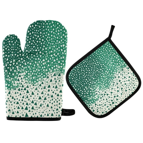 Yayeee Oven Mitts and Pot Holder Set of 2 Heat Resistant Kitchen Gloves Baking Hot Pad, Green and White Pattern