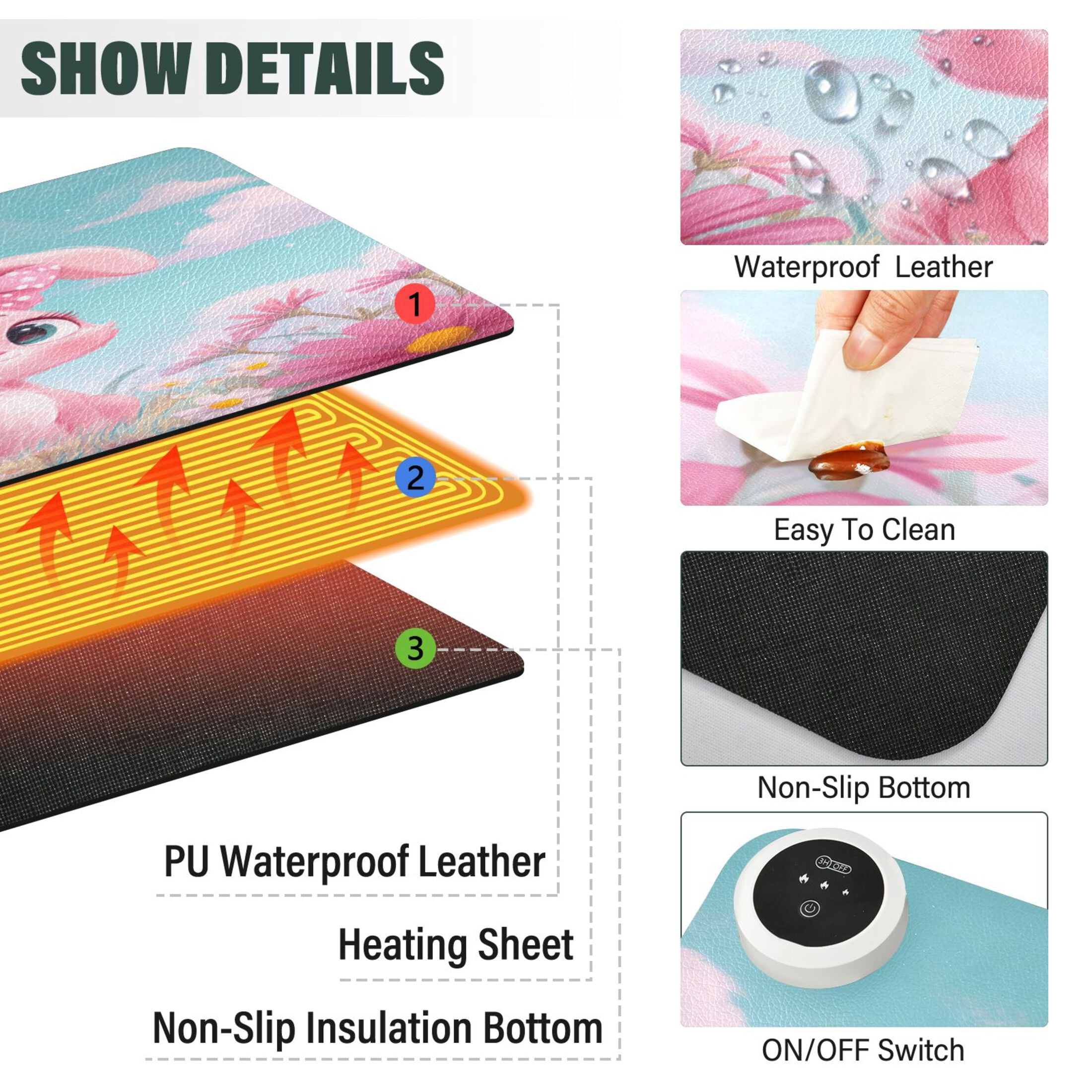 Large Heated Desk Mat Mouse Pad 31.5"x13"PU Leather Graphene Heating Desk Warmer with 3 Temperature Settings 110V US Plug Non-Slip Warm Pad for Home, Office, and Gaming Soft Pink Bunny Illustration