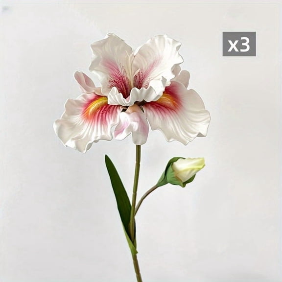 3pcs Real Touch Artificial Iris Flowers with Green Leaves - 17.72in Handmade White & Pink Floral Decor for Weddings, Home, and Office Arrangements, Wedding Decorations | Intricate Craftsmanship