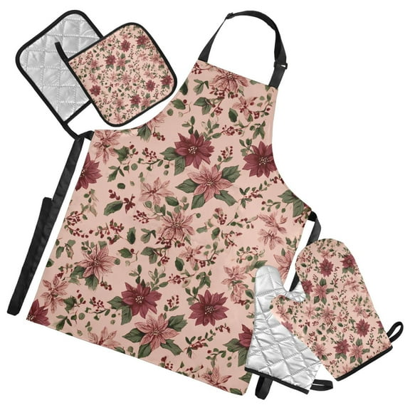 Christmas Flowers with Berries Apron Set with Oven Mitts Pot Holders Set of 5 Kitchen Stuff Accessories